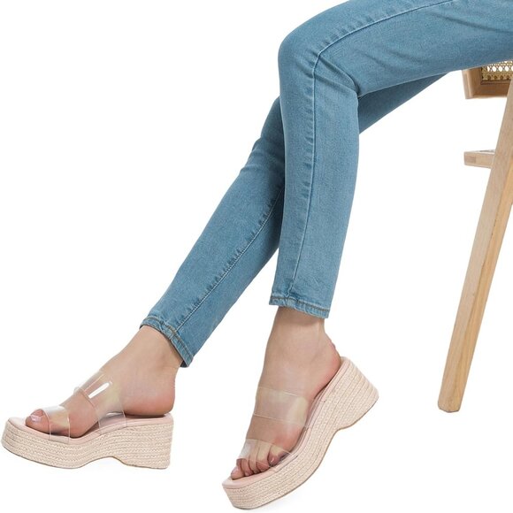 Women Slip On Espadrille Sandals Nude Size 8 Clear Strap Cushioned Wedges - Picture 4 of 8